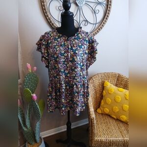 Umgee Floral Ruffle Sleeve Peplum Top